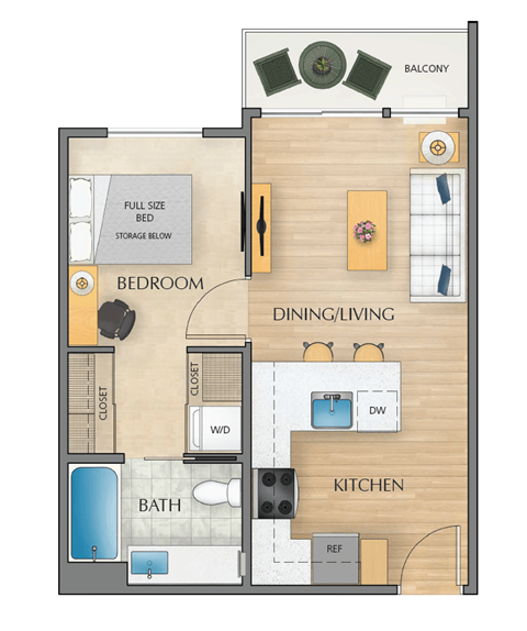 Floor plan for 1 bed, 1 bath, 508 sqft